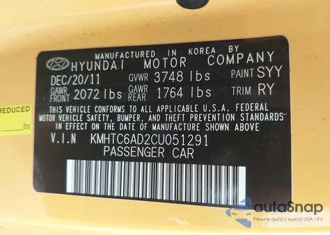 2012 Hyundai Veloster Base W/Black z USA, uszkodzony, nr VIN KMHTC6AD2CU051291